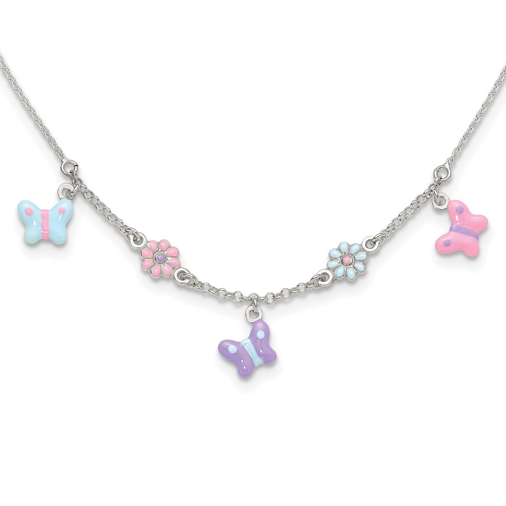 925 Sterling Silver Polished Enameled Floral & Butterfly Children's 14" Necklace